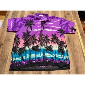 V.H.O Hawaiian Shirt Men 3XL Purple Adult Palm Tree Sunset Tropical Button Up